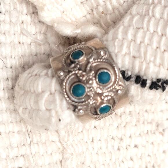Vintage Taxco Mexican Sterling Silver Blue Turquoise Multi Stone Band Ring - Picture 2 of 4